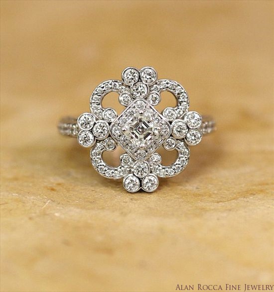 Antique Inspired Cocktail Ring with Asscher Cut Diamond Surrounded by Bead and Bezel Set Round Diamonds