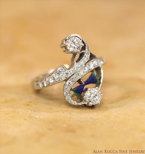 Art-Nouveau Cocktail Ring with Hand-painted Enamel and Round Cut Diamonds