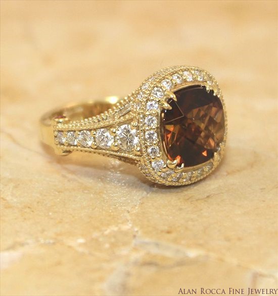 Cushion Shaped Andalusite Cocktail Ring with Bead Set Round Diamonds