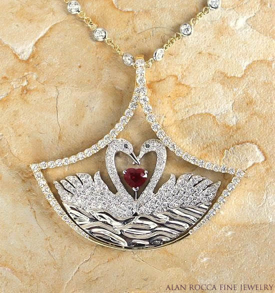 Diamond Swan Pendant with Heart Shaped Ruby and Diamond Station Necklace