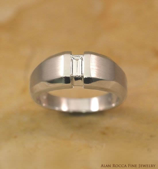 Tapering Dual Finish Band with Tension Set Emerald Cut Diamond