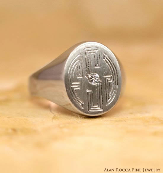 Oval Shaped Hand Engraved Signet Ring with Burnish Set Diamond