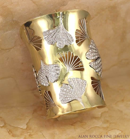 Form-Fitted Diamond Cuff with Ginkgo Leaf Designs