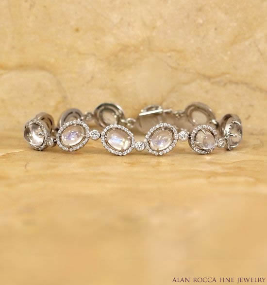 Oval Moonstone Bracelet with Prong and Bezel Set Round Diamonds