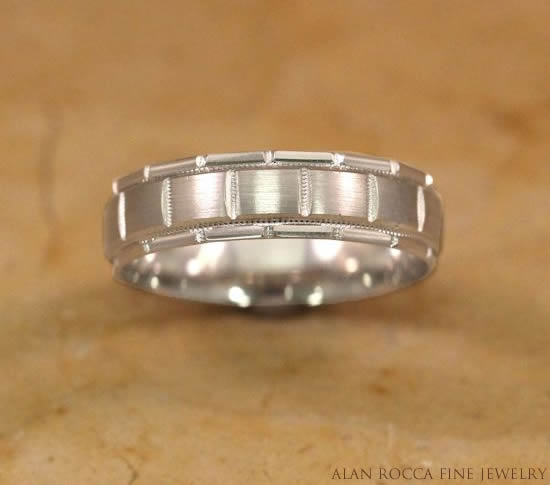 Dual Finish Patterned Wedding Band with Milgrain Edging